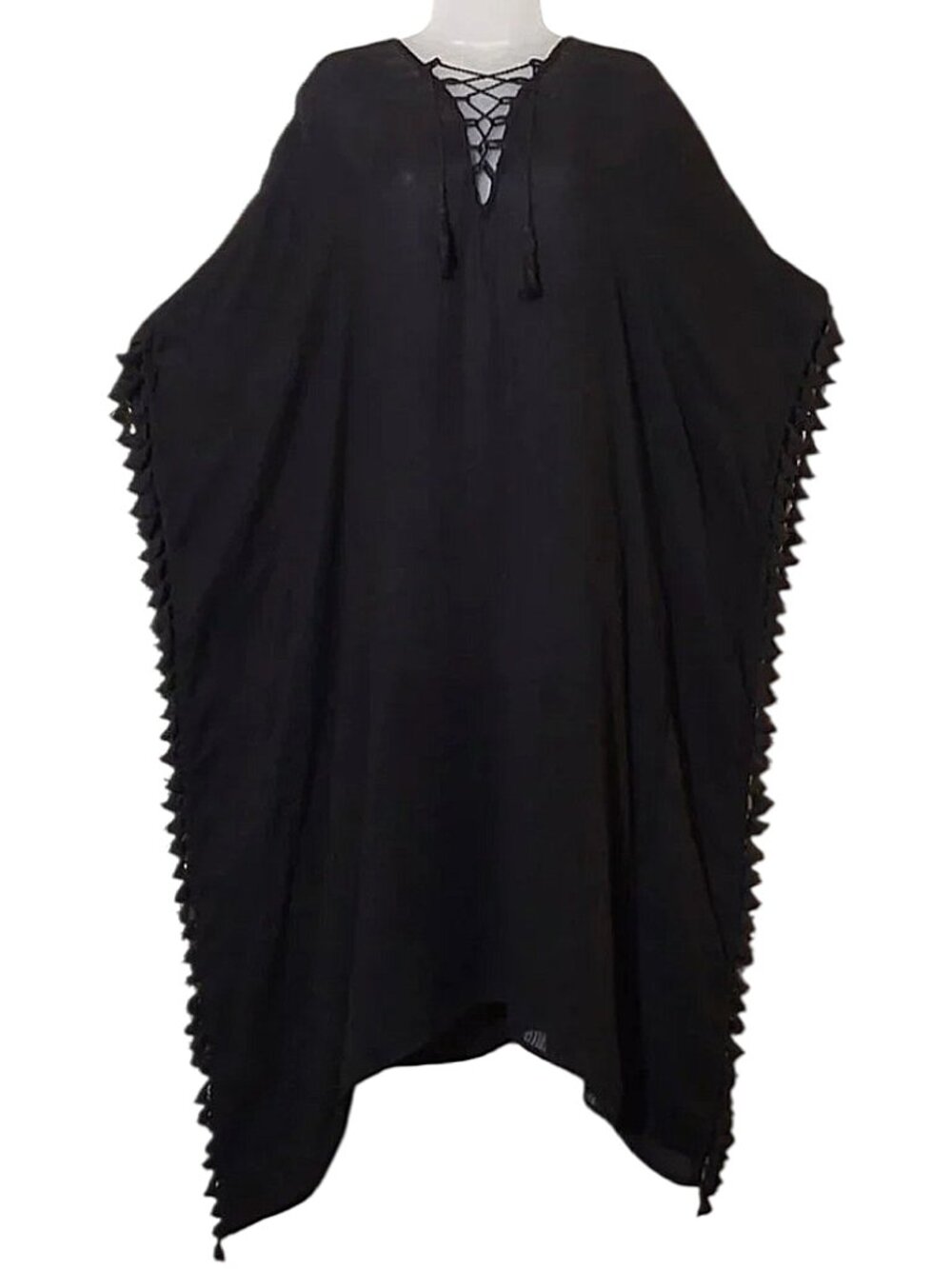 Walter Baker Acapulco Kaftan Black Tassel Sheer Beach Coverup Resort/Vacation OS - Picture 2 of 6